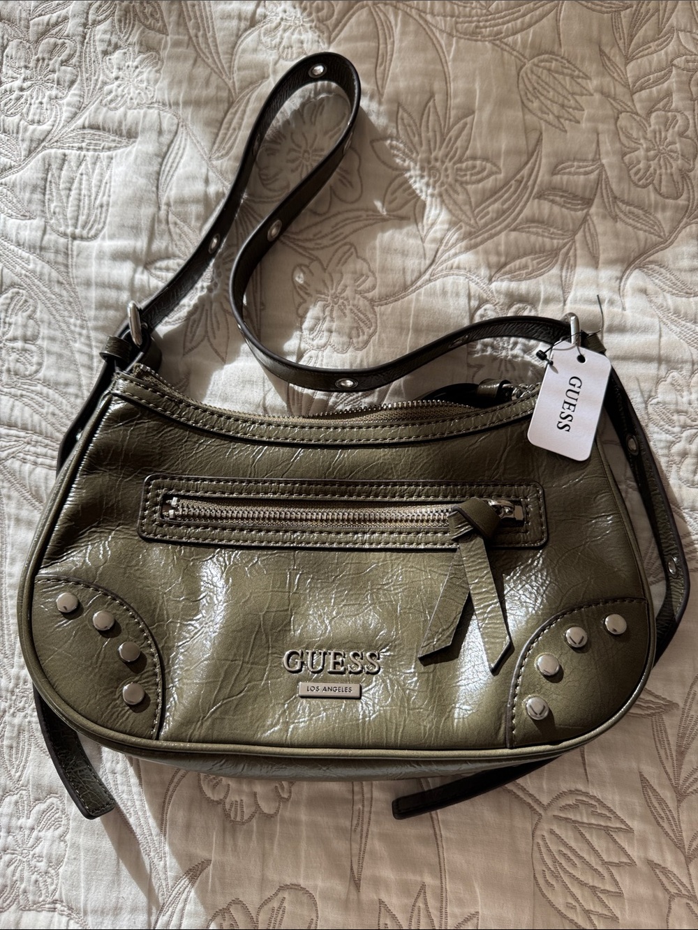 GUESS Olive Green Faux-Leather Shoulder Bag with Silver Hardware NWT